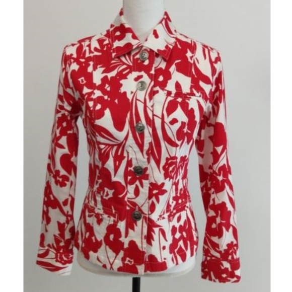 Chico's 0 Red & White Floral Fitted Jacket - Picture 2 of 6